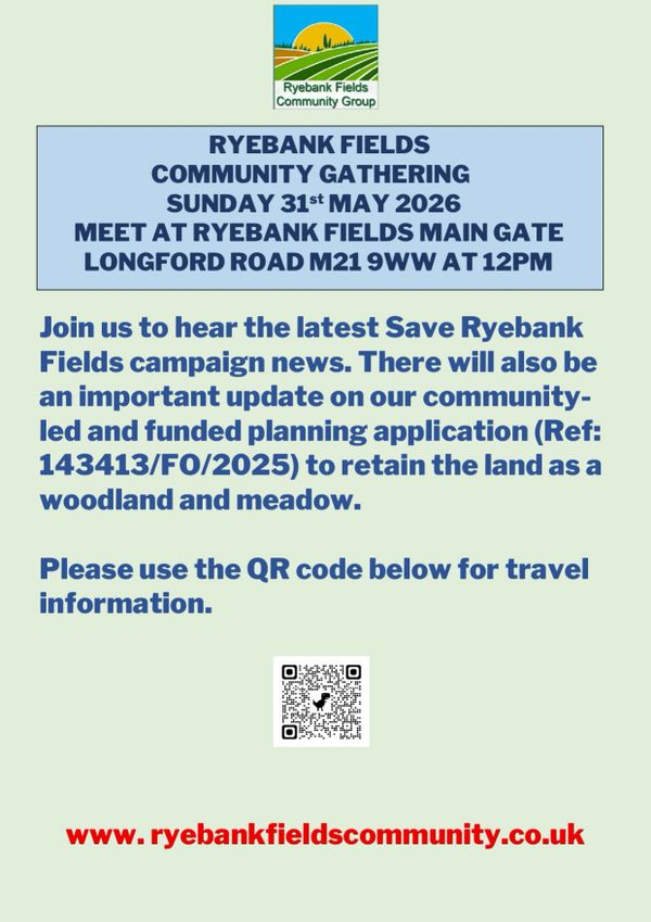Community gathering announcement for Ryebank Fields on 31st May 2026 with planning update and QR code for travel info.